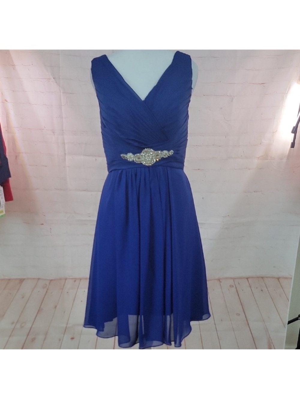 V-Neck Cobalt Blue Midi Dress with Beaded Waist Size 6